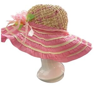 Pink and Tan Woven Sun Hat with Flower Accent